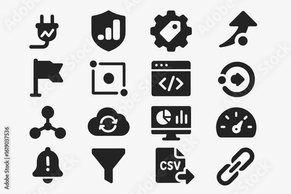 Fototapeta Business and technology solid icon set. modern office, analytics, data icons collection