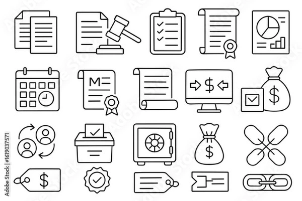 Fototapeta Business and finance line icon set. ledger, contracts, currency, checklist, vault icons