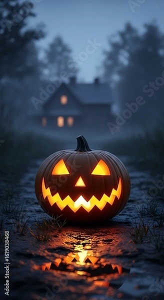 Fototapeta Spooky jack o lantern glowing on wet ground at dusk