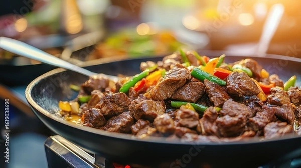 Fototapeta Sizzling Stir-Fry with Colorful Vegetables and Tender Beef Strips