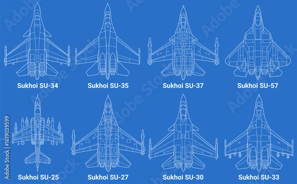 Obraz Set of sukhoi fighter jet in blueprint style from top view. Vector illustrations Sukhoi SU 25, 27, 30, 33, 34, 35, 37, 57. Various military combat aircraft design from russia. Bundle military plane.