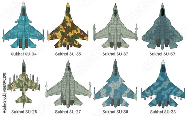 Obraz Set of sukhoi fighter jet in colored style from top view. Vector illustrations Sukhoi SU 25, 27, 30, 33, 34, 35, 37, 57. Various military combat aircraft design from russia. Bundle military plane art.