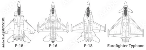 Obraz Set of 4th-generation fighter jet in lineart style from top view. Vector illustrations f-15, f-16, f-18 and eurofighter typhoon jet. Various military combat aircraft design from fourth gen.