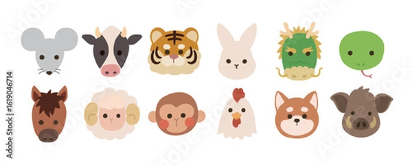 Obraz 干支の動物アイコンセット（顔のみ・十二支）