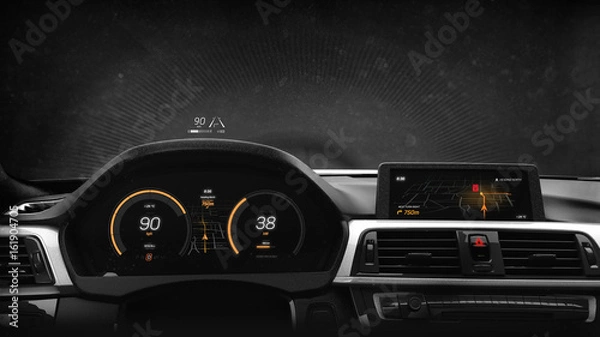 Obraz Modern sports car dashboard with navigation display - 3D illustration (3D rendering)
