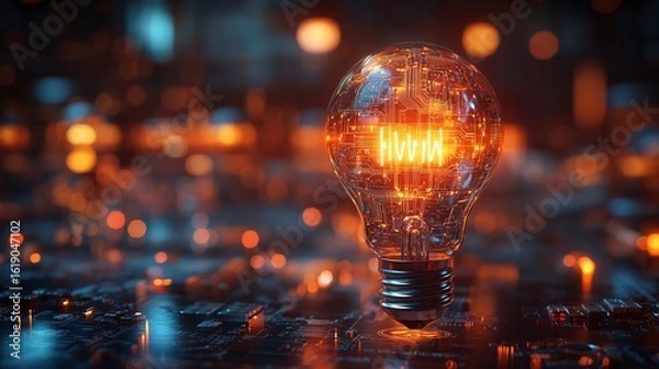 Fototapeta Bright Lightbulb On Circuit Board Digital Innovation Concept