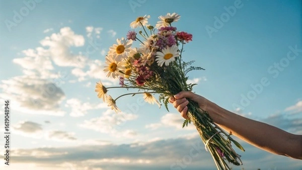 Obraz Hand Holding a Bouquet of Daisies Against a Clear Sky
Beautiful Spring Bouquet on a Sunny Day
Vibrant Wildflowers Held Against a Blue Sky
Celebrating Nature's Beauty with a Fresh Flower Arrangement