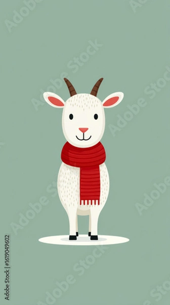 Obraz Cute cartoon goat in red scarf on green background