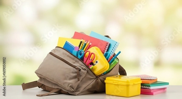 Fototapeta Back to school concept with a brown backpack overflowing with colorful stationery and essential supplies for the academic year.