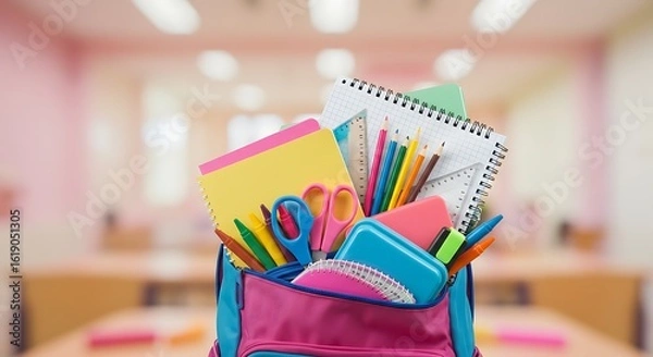 Fototapeta A colorful backpack overflowing with essential school supplies, set against a blurred classroom background for a back-to-school concept.