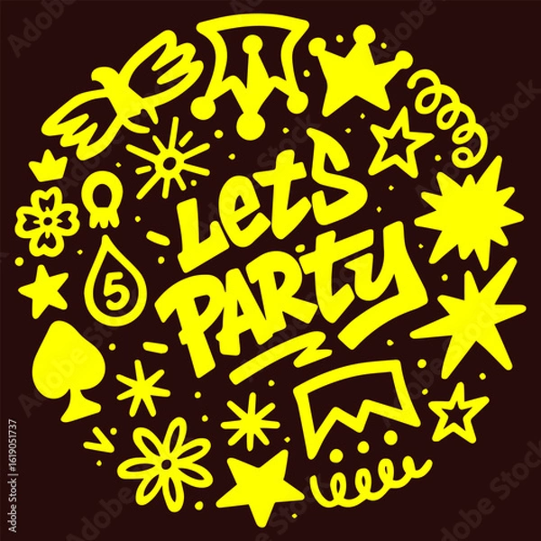 Fototapeta Let's Party. Hand lettering calligraphy with other design element. Vector art isolated on white background.