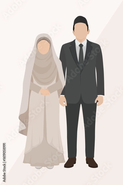 Fototapeta Minimalist vector of a Muslim couple in wedding attire, featuring soft colors and modern aesthetic for elegant themes