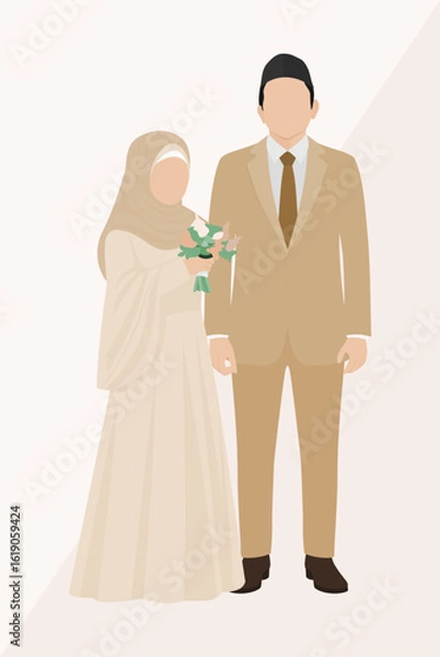 Fototapeta Modern Muslim wedding couple in elegant vector style, soft tones, and harmonious design, perfect for invitations