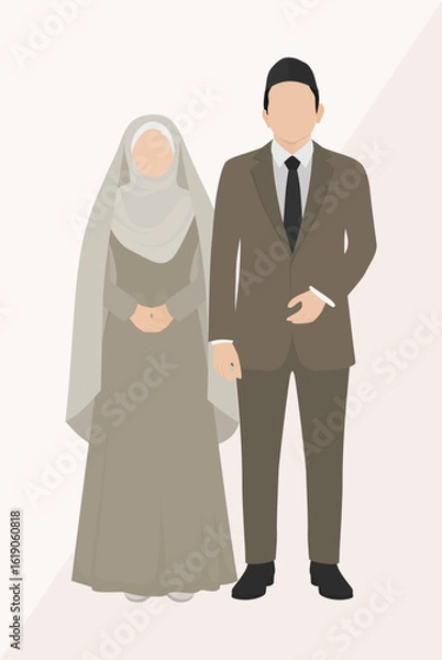 Fototapeta Modern illustration of a Muslim wedding couple in soft colors, suitable for invitations, prints, and decor elements