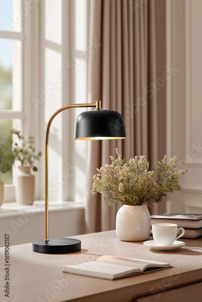 Obraz Elegant black lamp illuminates a cozy workspace with floral decor and a warm atmosphere in a sunlit room