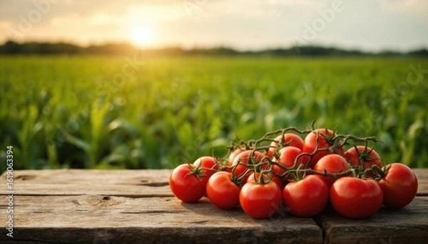 Fototapeta Ripe red tomatoes on vine rest on rustic wooden table. Soft sun glow illuminates rich green agricultural field background. Fresh organic harvest ready for summer salad, cooking ingredient.