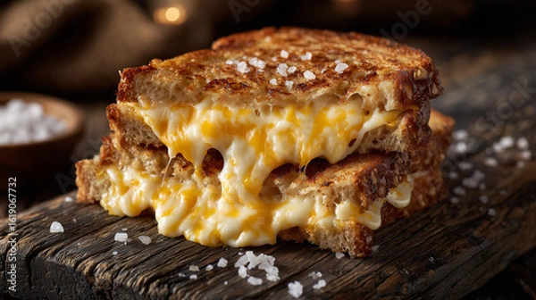Fototapeta Gooey cheddar grilled cheese sandwich pulled apart, thick cheese strings connecting golden toasted bread halves, served on weathered wood plank with coarse salt sprinkled nearby