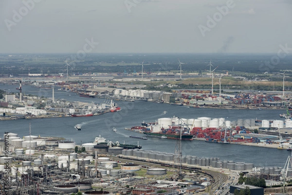 Fototapeta Aerial view on the Scheldt river running through the Port of Antwerp