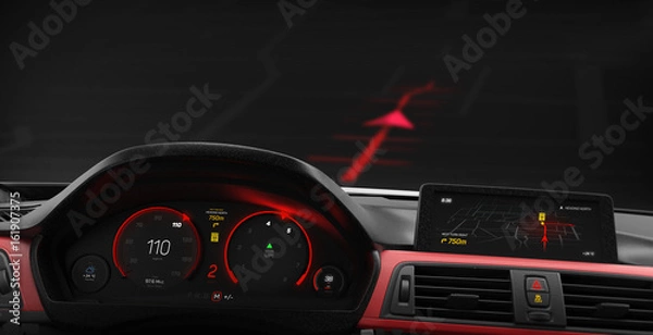 Fototapeta Modern sports car dashboard with navigation display - 3D illustration (3D rendering)