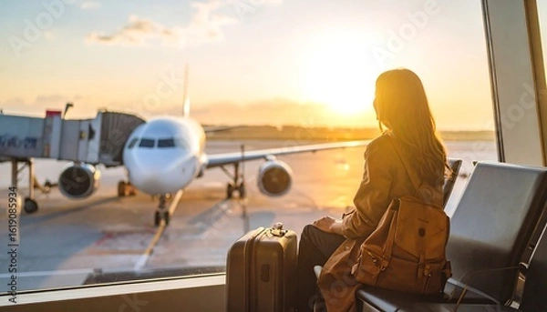 Fototapeta happy traveler waiting for the flight in airport, departure terminal, immigration concept