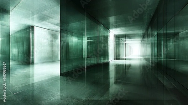 Obraz Modern, Reflective Green Corridor with Abstract Lighting