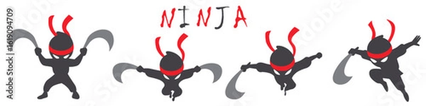 Fototapeta Cute ninja character set with dual sickles and playful lettering

