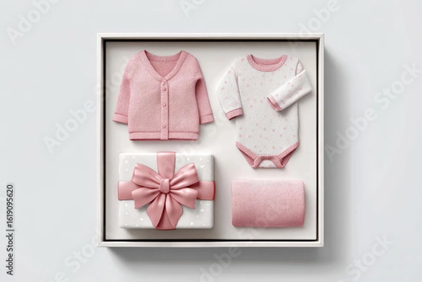 Fototapeta Gift set arranged neatly in box, adorable pink cardigan, baby bodysuit, and present with ribbon, makes truly heartwarming present