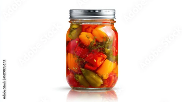Fototapeta Colorful jar of giardiniera stands out, filled with vibrant vegetables, it is so appetizing and looks so great