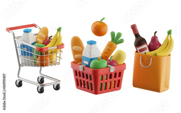Obraz Fresh groceries fill shopping cart, basket and bag symbolizing healthy shopping and abundance