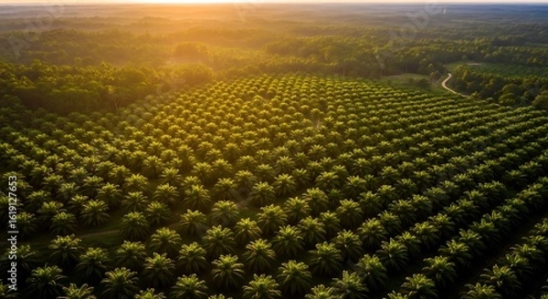 Fototapeta Golden Hour Aerial View of Lush Palm Oil Plantation Rows Bathed in Warm Sunlight