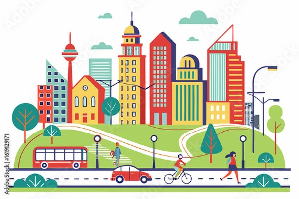 Fototapeta Illustration of colorful urban landscape with buildings and park isolated on white background