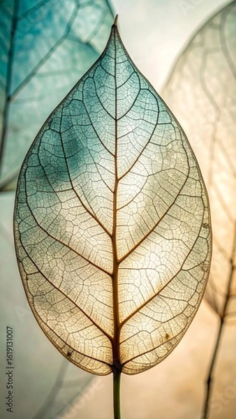 Fototapeta Detailed Close Up Of A Translucent Leaf Skeleton Showing Veins in Diffuse Light Against a White Backdrop