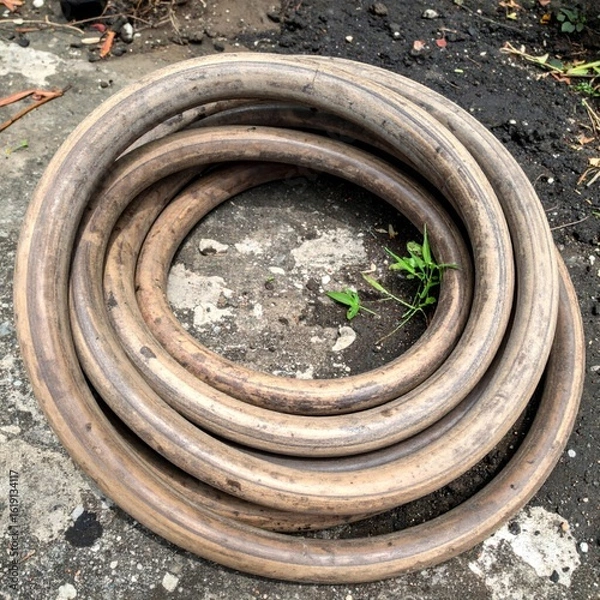 Fototapeta Coiled Gray Rubber Hose on Concrete Surface with Small Green Plants Growing Through Center