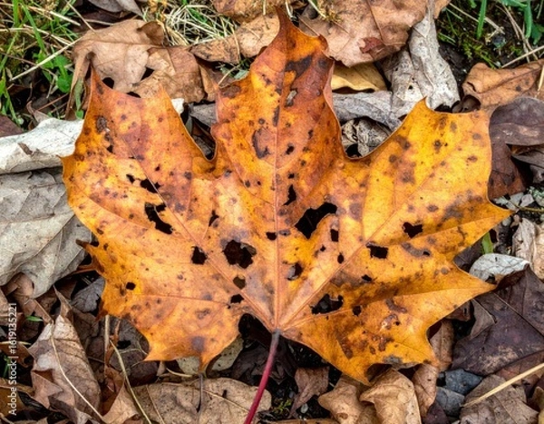 Fototapeta Closeup of Decaying Autumn Maple Leaf with Holes Showing Veins Details on the Ground