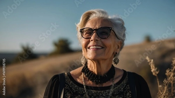Fototapeta Old American woman wearing black fancy summer outfit looking up on clear sky background, smiling while looking at the sky panoramic view