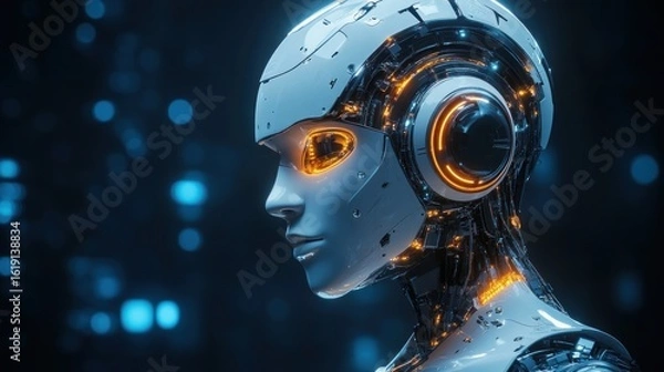 Fototapeta futuristic cyborg portrait displaying advanced artificial intelligence with glowing optics and intricate mechanical detailing on a blurred abstract background