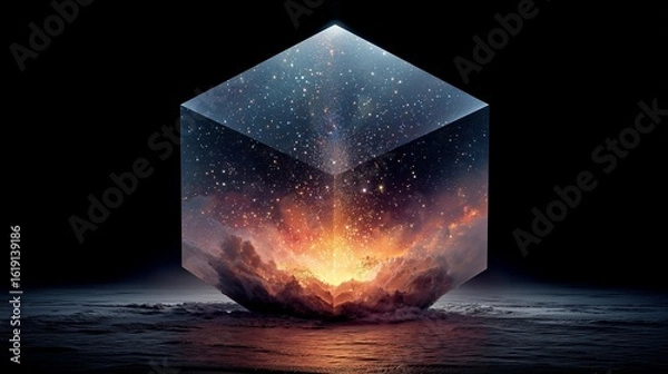 Fototapeta Background with a galaxy inside a 3D cube, AI-generative