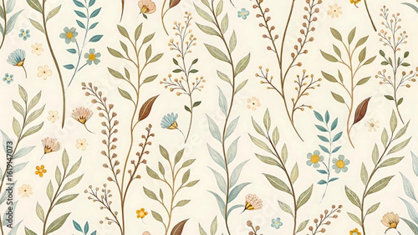 Obraz Seamless Pattern of Delicate Wildflowers and Green Foliage on Creamy Background floral isolated on a transparent background