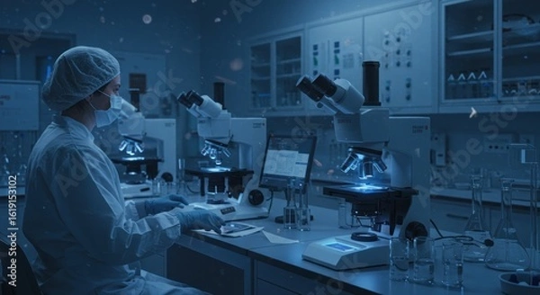 Fototapeta Medical researcher in protective suit working with microscopes in laboratory