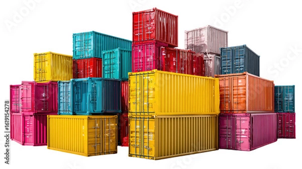 Fototapeta Shipping Containers Pile: A vibrant array of multi-colored shipping containers, arranged to display a lively sense of globalization, transporting goods worldwide.