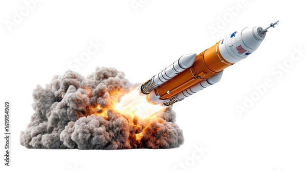 Fototapeta Blast Off: A monumental rocket thunders skyward, its powerful engines unleashing a fiery plume of smoke and energy in a display of innovation and progress.