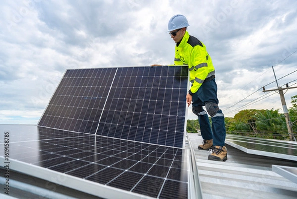 Fototapeta A skilled technician adjusts a solar panel on rooftop, emphasizing the transition to sustainable energy. Equipped with safety gear, the worker demonstrates precision in renewable energy installations.