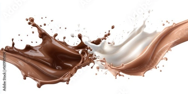 Fototapeta Dynamic splash of chocolate and milk merging, creating a swirling, textured blend against a stark white backdrop