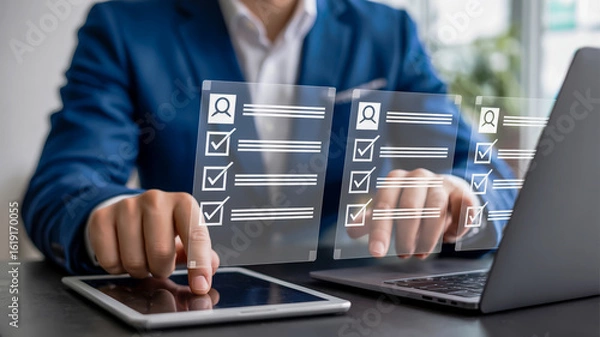 Fototapeta Person in blue suit interacting with digital checklist on transparent screens and tablet business technology