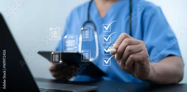Fototapeta Doctor using digital checklist interface to manage healthcare tasks with touchscreen tablet system for medical records, online form, secure document, checklist data and hospital workflow