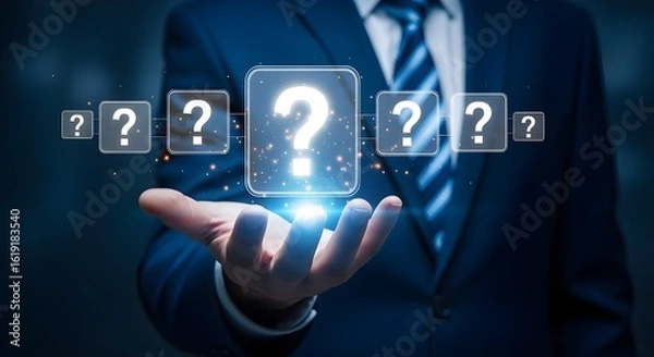 Obraz Man in a suit holding out his hand with glowing question mark icons floating above it.