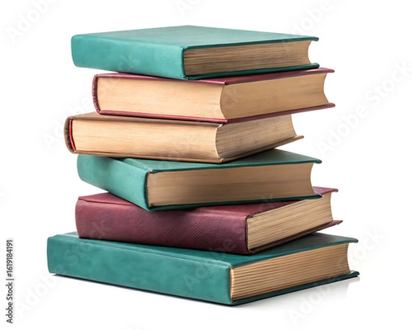Fototapeta A stack of old hardcover books in various colors piled high on a white surface in a studio setting