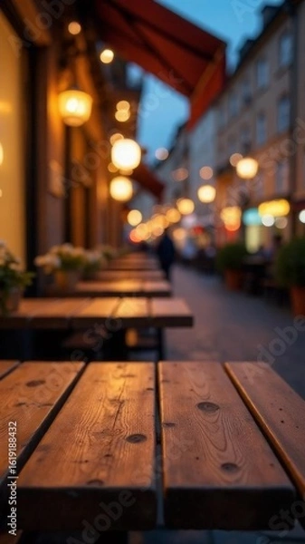 Fototapeta Blank wooden table top on blurred european city morning cafe mockup background, evening. empty old wooden table with interior restaurant in soft focus in the background.