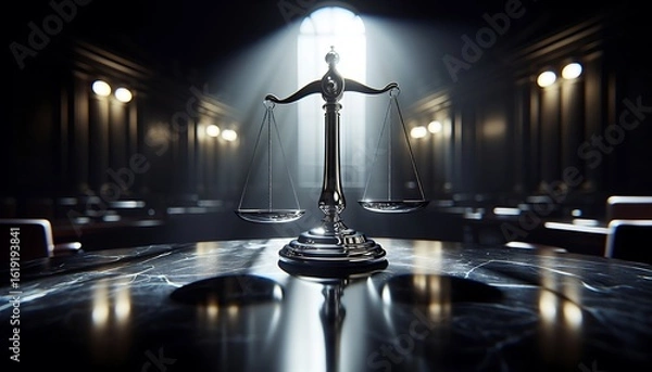 Fototapeta The Scales of Justice stand on a reflective table in a dark, grand courtroom, dramatically lit by a single beam of light.