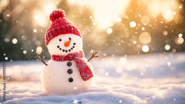 Obraz Cheerful Snowman with Red Hat and Scarf in Golden Sunlight and Falling Snow ,  A delightful and cheerful snowman wearing a red knitted hat and scarf, sitting in fresh snow. 